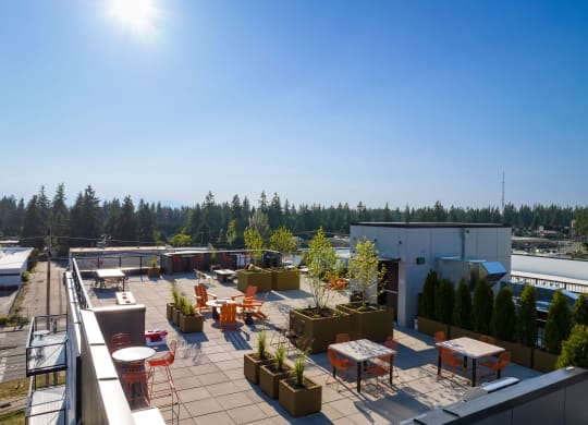 a view of the roof terrace with tables and chairs and potted plants at Ion Town Center, Shoreline, WA