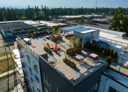 a view of the rooftop terrace from the top of the building at Ion Town Center, Shoreline, WA 98133