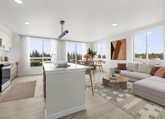 a rendering of a living room with a kitchen and dining area at Ion Town Center, Washington