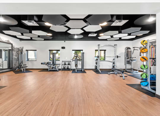 a spacious fitness room with hardwood floors and a ceiling with hexagon shaped lights
