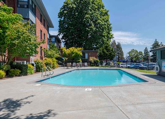 A swimming pool surrounded by trees and buildings.
