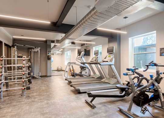 A gym with treadmills, exercise bikes, and weight racks.