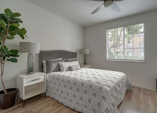 A bedroom with a bed, nightstand, and a plant.