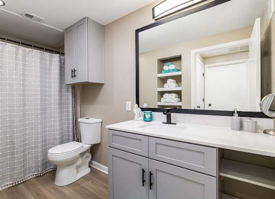 A bathroom with a toilet, sink, and shower curtain at Clear Creek Meadows Apartments, Apartments, Copperas Cove, TX