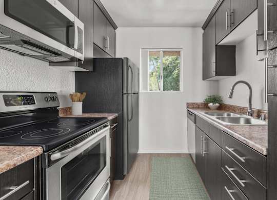 A modern kitchen with black cabinets and black and stainless steel appliances.