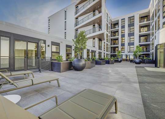 A modern courtyard with a bench and a tree in front of apartment buildings.