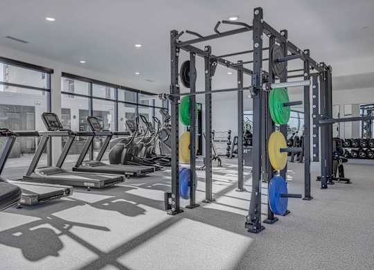 A gym with a variety of equipment including treadmills, weightlifting bars, and weight plates.