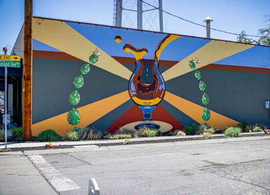 A mural of a bird with green leaves around its neck is painted on a wall.