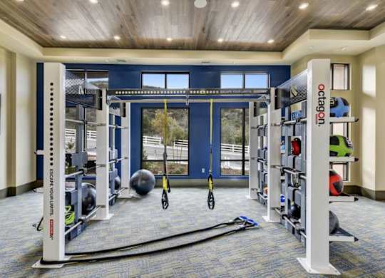 A gym with a variety of equipment including a squat rack, a rowing machine, and a medicine ball.