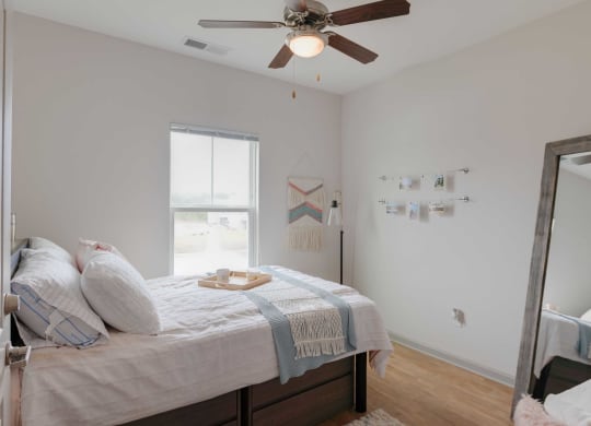 a bedroom with a bed and a ceiling fan
