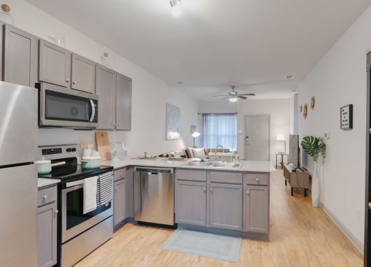 a kitchen with stainless steel appliances and a counter top