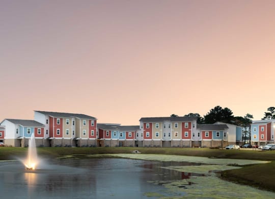 a fountain in a pond in front of a row of houses