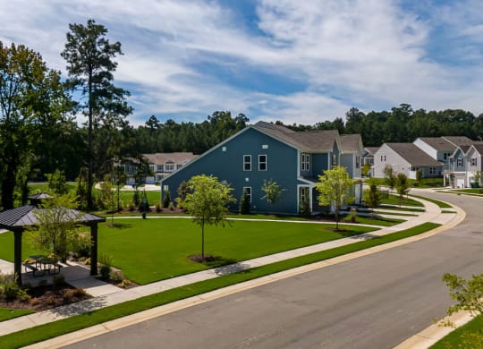 a street with green lawns and blue houses