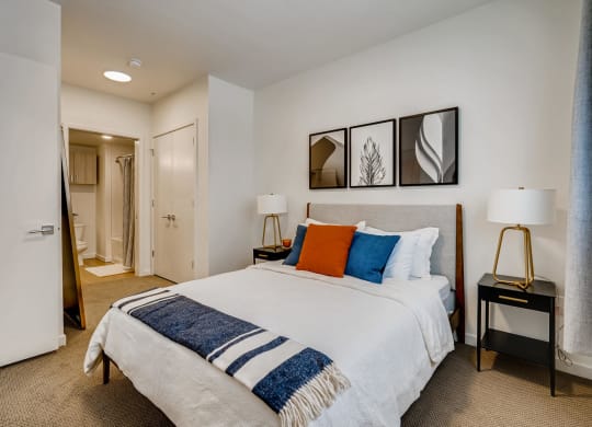 a bedroom with a large bed and a closet