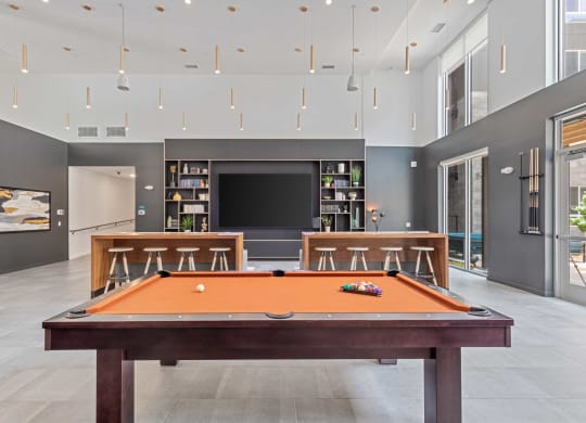 a games room with a pool table and a television