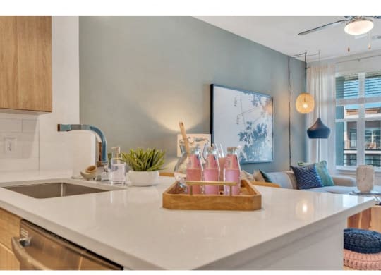 a kitchen with a counter top and a sink