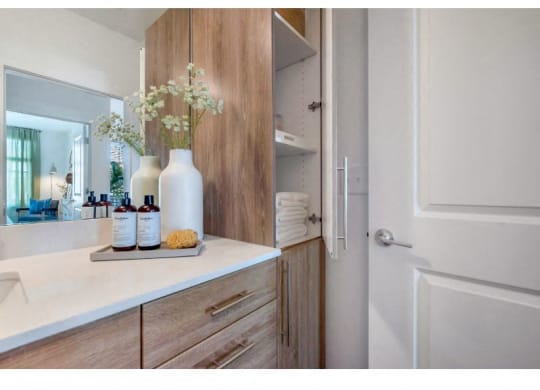 a bathroom with wooden cabinets and a white door