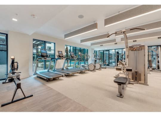 a gym with cardio machines and weights on the floor