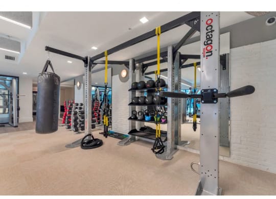 a gym with weights and a punching bag on the floor