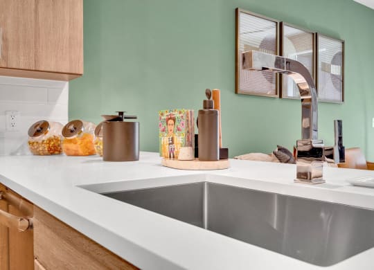 a kitchen counter with a sink and a faucet