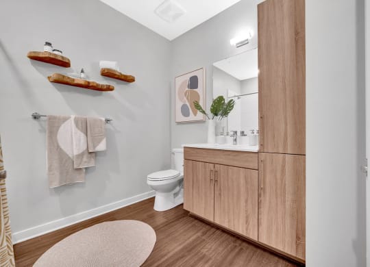 a bathroom with wooden cabinets and a toilet and a sink
