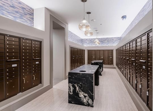 a wine cellar with lockers and a marble table