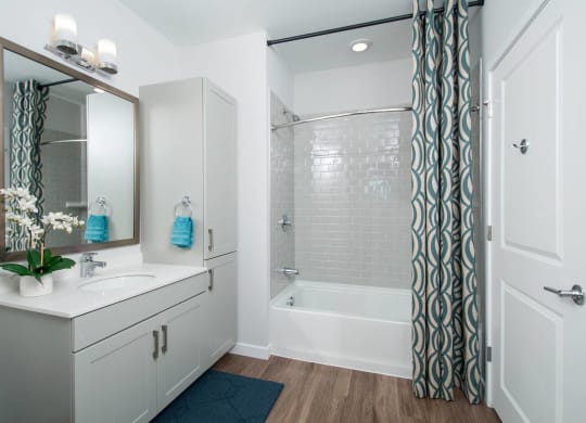 a bathroom with a shower and a sink and a mirror