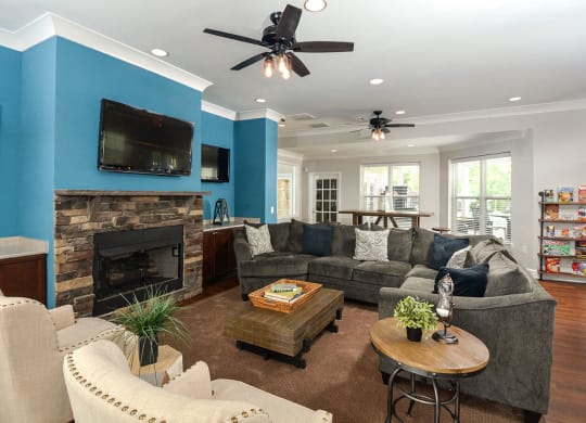 a living room with blue walls and a fireplace