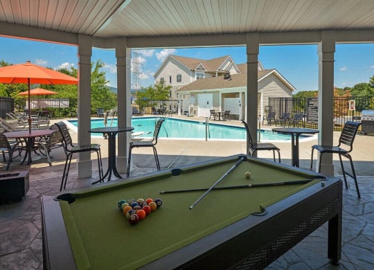a pool table with a view of a swimming pool