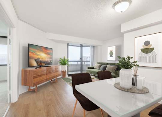 a living room and dining room with a white table