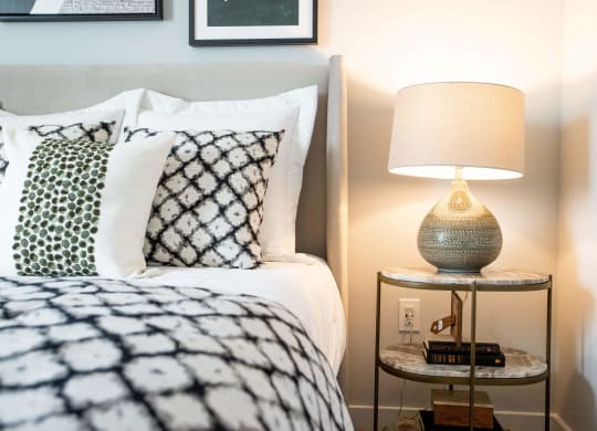 a bedroom with a bed and a nightstand with a lamp