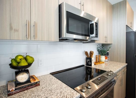 a kitchen with a stove and a microwave