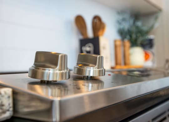 two faucets on a stainless steel stove in a kitchen
