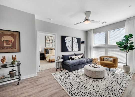 a living room with a couch and a table