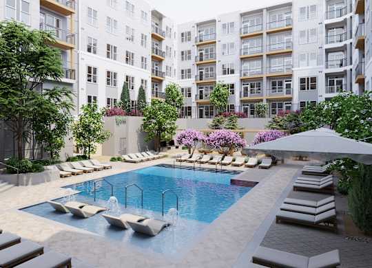 a rendering of an apartment building with a swimming pool