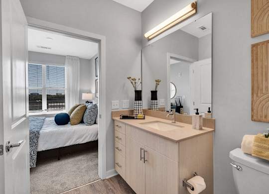a bathroom with a sink and a mirror and a bedroom