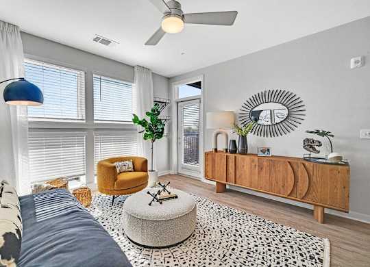 a living room with a couch and a coffee table