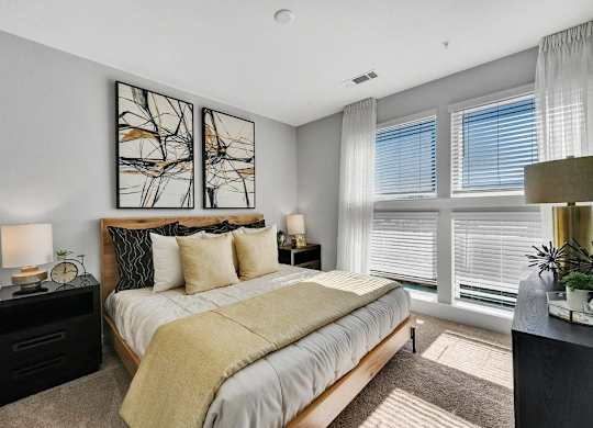 a bedroom with a bed and some windows