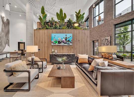 a living room with a couch and a table