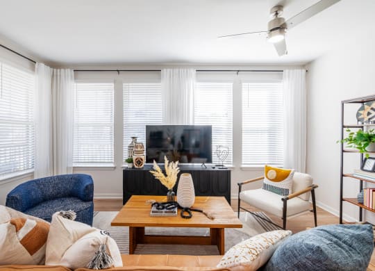 a living room with a couch and a coffee table and a television