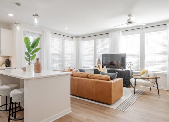 a living room with a couch and a kitchen