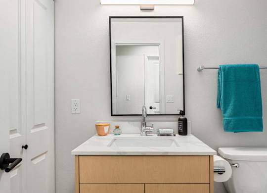 Bathroom vanity with framed mirror and towel bar at Scout Apartments, Washington, 98034