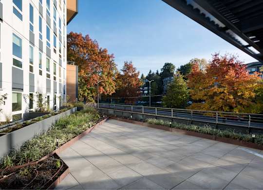 A modern building with a balcony and trees in the background.at Axle, Washington 