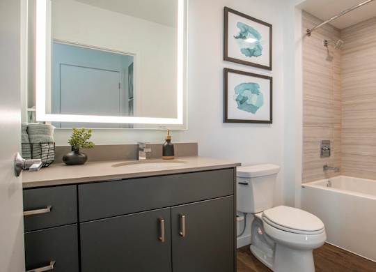 A bathroom with full bath and shower at Axle, Seattle, WA 