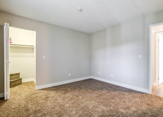 A room with a carpeted floor and a doorway leading to another room.