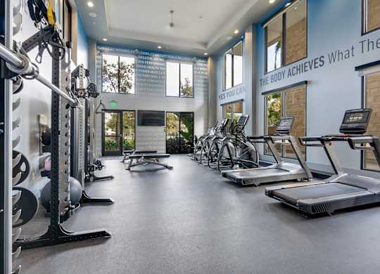 A gym with a variety of equipment including treadmills, weights, and exercise machines.