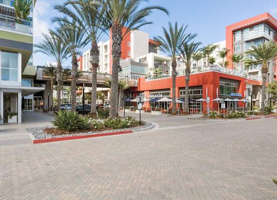 A shopping center with palm trees in front.