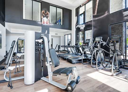 A gym with a variety of equipment including treadmills, stationary bikes, and weight machines.