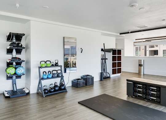 A home gym with a variety of equipment including a treadmill, weights, and a bench press.