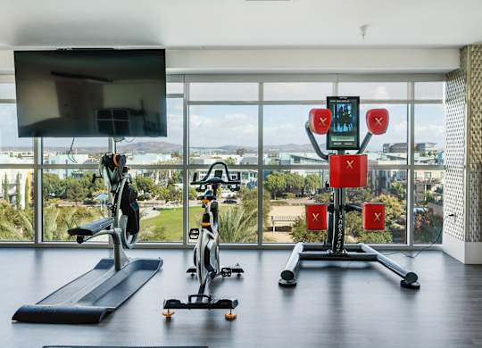 A home gym with a treadmill, exercise bike, and a weight lifting machine.